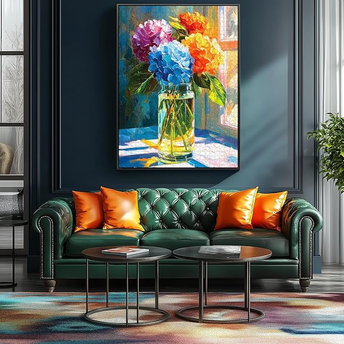Hydrangea Puzzles for Adults 500 Pieces, Front of Window Blossom Flowers Art Jigsaw Puzzles for Family Fun Challenging, Party Game Gifts Decoration (23 x 15 Inch)