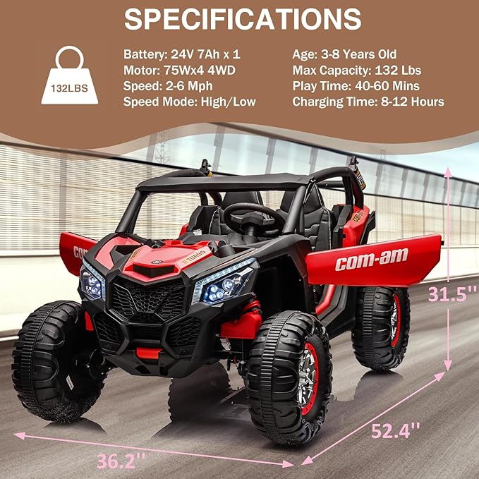 24V 2-Seater UTV Ride on Toy with Remote Control – Powerful 4WD Electric Vehicle Features 4 Shock Absorbers, Leather Seats, Music, and Lights. Designed As a 24V Ride-on Toy for Big Kids