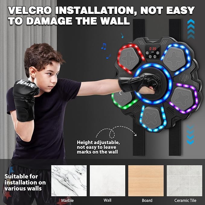 Music Boxing Machine Sport Toys for Kids and Adults,Wall Mounted Bluetooth Smart Punching Target,Training Pad Toy with Boxing Glove,Ideas Toys for Boys Girls Kids 3 4 5 6 7 8 9 10 11 12+ Years Old