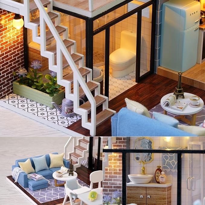 TuKIIE DIY Miniature Dollhouse Kit with Furniture, 1:24 Scale Creative Room Mini Wooden Doll House Accessories Plus Dust Proof & Music Movement for Kids Teens Adults(Blue Times)