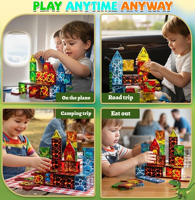 SKTMYY Mini Magnetic Tiles,Dinosaur Themed Travel Magnetic Tiles Set with Iron Box for Kids Ages 3+,Car Airplane Travel Essential,Educational Preschool Toys,Birthday Gifts