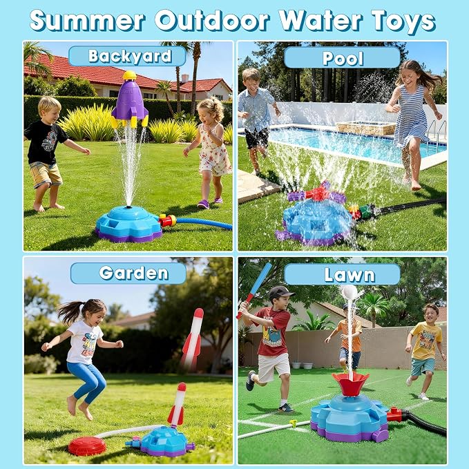 4-in-1 Water Sprinkler Toys for Kids, Outdoor Water Baseball, Rotating Water Spray, Rocket Launcher for Toddlers 3-5, Backyard, Garden, Lawn, and Pool Summer Playset for Boys and Girls Aged 4-12.