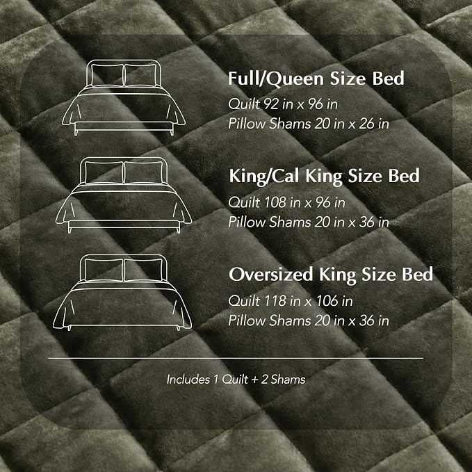 RECYCO Luxury Velvet Quilt Set Full Queen Size, Lightweight Velvet Comforter Set, Oversized Bedspread Coverlet Quilted Bedding Set, with 2 Matching Pillow Shams, for All Season, Olive Green