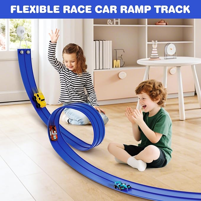 16 Ft Flexible Race Car Ramp Track for Kids Toy with Suction Cups, Compatible with Diecast 1/64th Cars, Rolls Up Portable Racetrack Party Favor Gifts for Boys Ages 3-10 Year Old (Racing Blue)