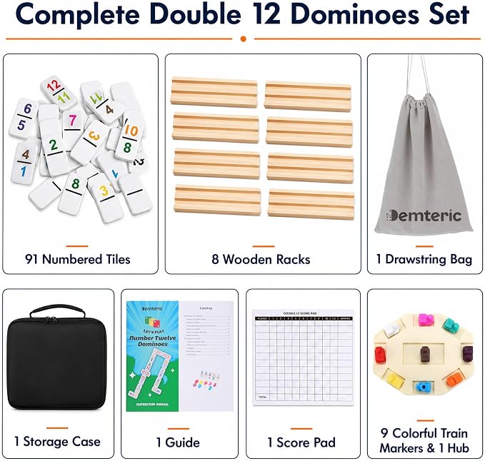 Mexican Train Dominoes Set Double 12 Number Domino Tiles, 91 Colorful Number Dominos Tiles with 8 Wooden Racks, Hub & Trains, Portable Domino Game Set for Adults Kids Families