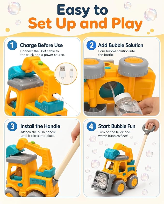 Excavator Automatic Bubble Machine for Toddler Kid Toy 3 4 5 6 7 8 Year Old Little Boy Girl Gift Lawn Mower Maker Blower Summer Outdoor Push Toys Easter Christmas Birthday Present