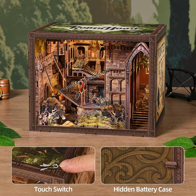 MiniCity DIY Book Nook Kit - The Castle's Escape 3D Miniature Wooden Scene with LED Lights, Dustcover & Tools for Shelf Decor (Robin Hood)