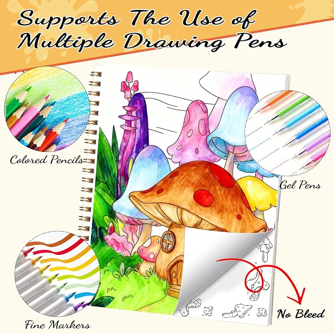 Prudiut Coloring Book Set with 24-Color Acrylic Markers & Stickers, Ages 14+ Travel Sketch Book, 60 Pages 150gsm Thick Paper (7x8.3in) Spiral Bound Art Supplies