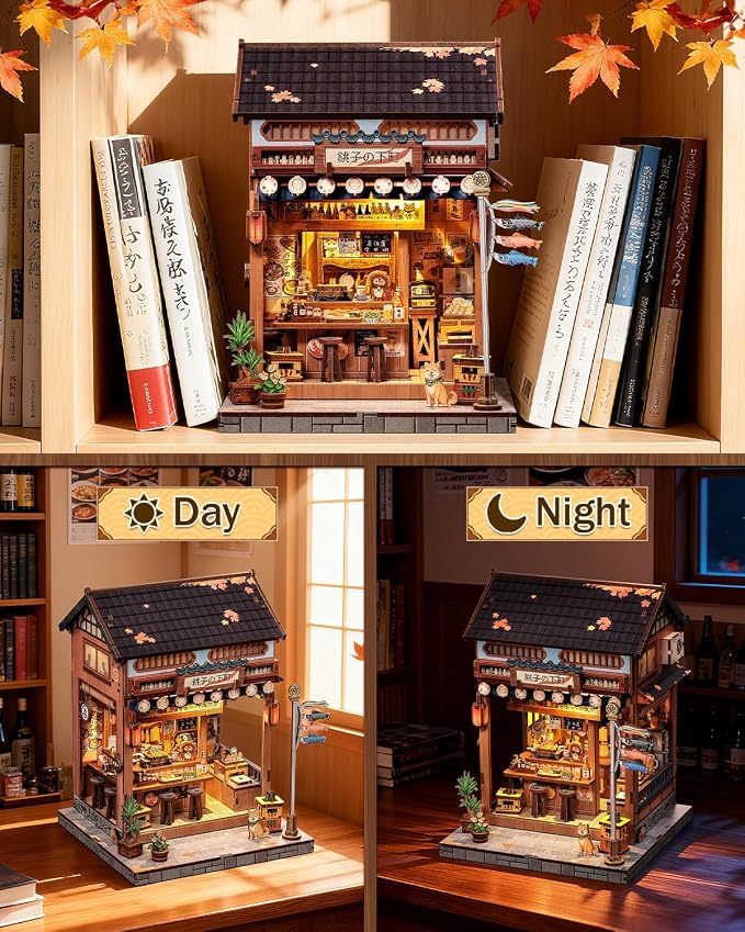 Book Nook Kit - DIY Miniature House Kit, 3D Puzzle Wooden Dollhouse with LED, Sakura Wine Alley, Tiny House Bookend, Bookshelf Decor, Crafts Gifts for Adults, Teens & Book Lovers