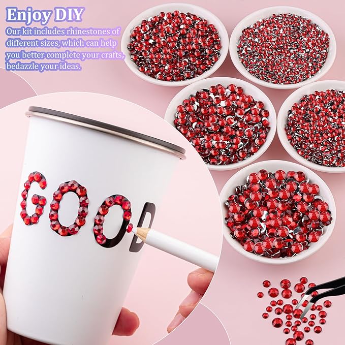 25000Pcs Resin Rhinestones for Crafting, Red 2-6mm Mixed Sizes Non Hotfix Flatback Gems with 1Pcs Glue, Bedazzling Crystal for DIY Craft Clothing Mugs Tumblers Shoes Fabric Decor Nail Art
