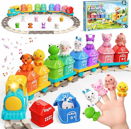 Train Set for Toddlers 2-4, Electric Toddler Train Set with Farm Animals, Music & Lights, Montessori Counting & Sorting Learning Toy, Birthday Easter for Boys Girls (Blue/Yellow)