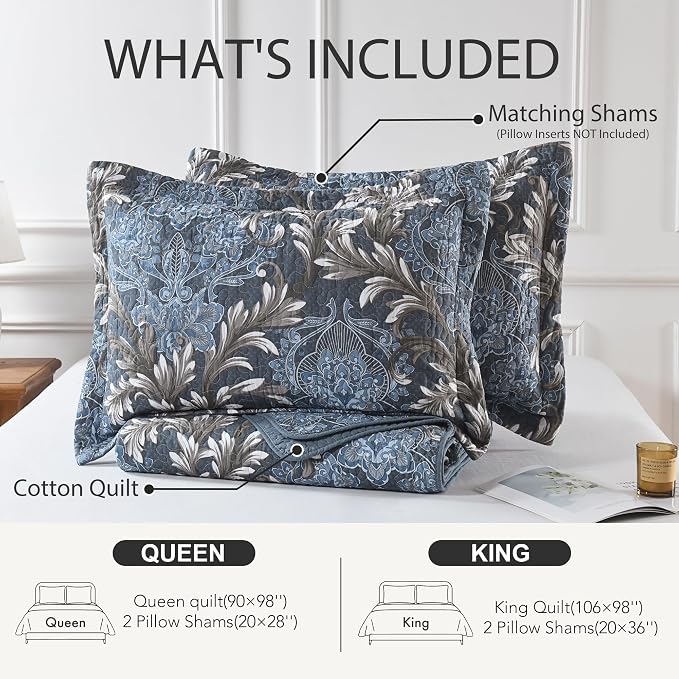 100% Cotton Classic Damask Reversible King Size Quilt Set, Blue & White | Traditional Elegant, Floral Pattern, King Quilt with Shams, Lightweight, Scrollwork, 3 Piece Bedspread, All Season, 106"x98"