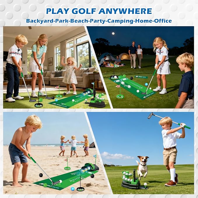 TERRAMUS Upgraded Kids Toy Golf Set, 3 in 1 Golf Toys with Dinosaur Automatic Ball Returner & Ball Launcher Led Light Up Balls, Mini Golf Toy for Ages 3-8, Indoor Outdoor Sports Gift for Boys Girls