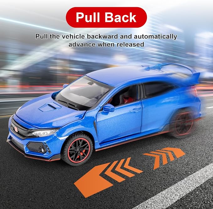 1:32 Scale Civic Type R Model Car，Toy Vehicle with Sound & Light, Pull Back Function & Openable Doors - Premium Diecast Collectible with Realistic Details Blue