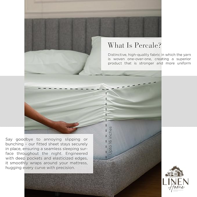 Linen Home 100% Cotton Percale Sheets Twin XL Size, Dove Grey, Deep Pocket, 3 Pieces Set- 1 Flat, 1 Fitted and 1 Pillowcase, Crisp Cool and Long Staple Strong Bed Linen