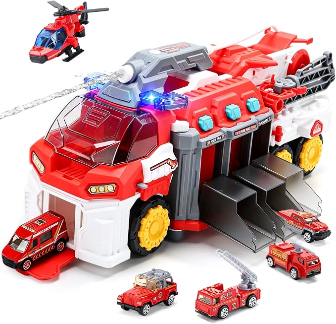 CUTE STONE Extra Large Fire Truck with Sprinkler Pump, Ladder, Lights & Sounds, Firefighter Fireman Engine Truck Car Toy, Birthday Gifts for Grandkids