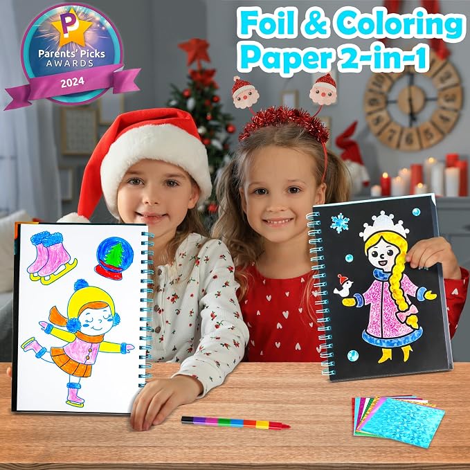FUNNYB&G Foil Art Craft Kit for Girls 4-10 Years Old: Mess-Free & No-Glue, Create 16 Sparkly Winter Pictures – Perfect Travel Toy & Birthday Gift for Kids (Winter)