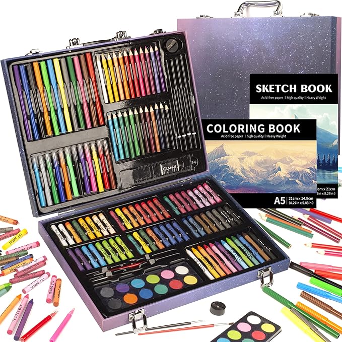 KINSPORY 150PC Art Set with Sketch Book, Coloring Art Kit Drawing Art Supplies Case, Markers Crayon Colour Pencils for Budding Artists Kids Teens Boys (Blue)