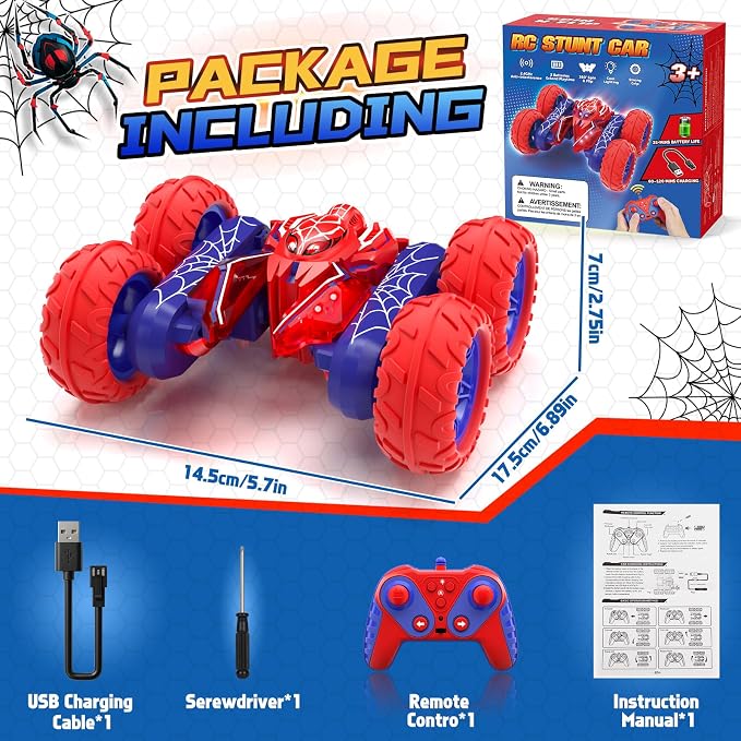 Spider Remote Control Cars for Boys 4-7, 360° Spinning RC Stunt Car with 2 Batteries Cool Lights Toys Birthday Gift for Boys 4 5 6 7 8 9 10 11 12 Year Old