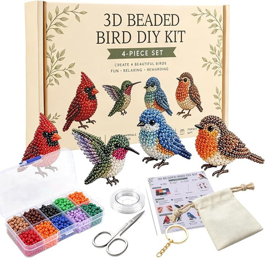 BLOWADM 4Pcs DIY 3D Animal Bead Embroidery Kit,Bird Beading Crafts with Instructions,Cute Bead Art Handmade Bird Gift for Beginners & Craft Enthusiasts