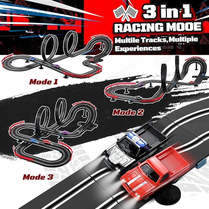 3 IN 1 Slot Car Race Track Set 1:87 with 4 High Speed Vintage Pickup Trucks, Electric Battery Dual Race, 2 Controllers, Lap Counter, Overpass, Loop Crossover, Toys Gifts for Kids Teens Adults All Ages