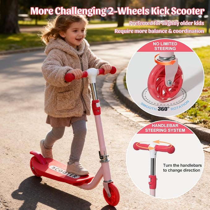 Kick Scooter for Kids 4-8, 2 Light Up Wheels, Heavy Duty Scooter with 3 Height Adjustable Handlebars, Rear Break, Widen Anti-Slip Deck, Max Load 110 Lbs for Boys Girls Ages 3+, 4.7Lbs