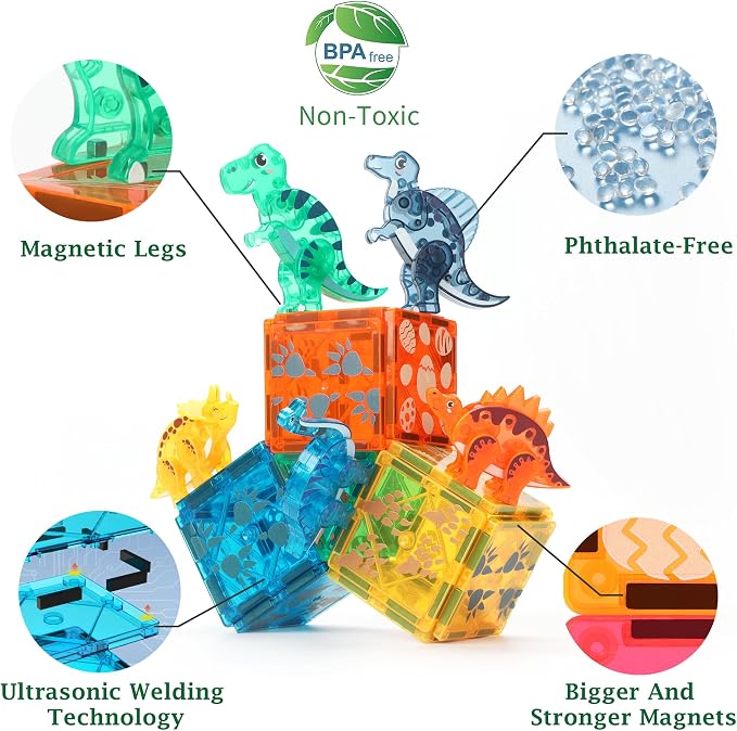 MEGAGONTILES Dinosaur Magnetic Tiles Set 106PCS | STEM-Authenticated Magnet Building Blocks with Dinosaur Animals | Educational Construction Toy for Toddlers & Kids Ages 3–8 (Boys & Girls)
