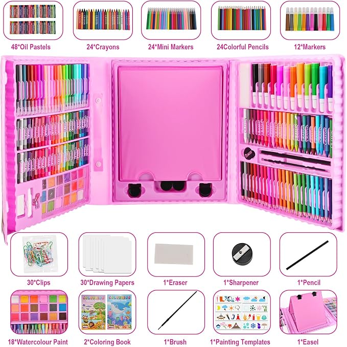 Art Supplies, 230 PCS+ Drawing Art Kit, Kids Art Set with Double Sided Trifold Easel, Colored Pencils, Crayons, Oil Pastels, Watercolor Pens, Coloring Book, Gifts for Girls Boys 4-12, Teens, Beginners