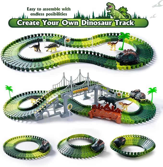 268 PCS Race Tracks Dinosaur Toys for Kids 3-5, Glow in The Dark Magic Toy Set, 2 Dinosaur Cars Track, Flexible DIY Track Set, Birthday Gift for Age 3-9 Boys Toddler Girls