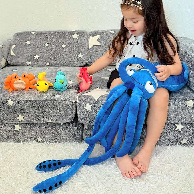 5Pcs Giant Squid Stuffed Animal 41.3" with Small Marine Clownfish,Crab, Seahorse, Angler Fish Baby Plush Toys, Adorable Bulk Ocean Animal Plushies Gifts for Squid Toys Lover,Kids,Boys,Girls