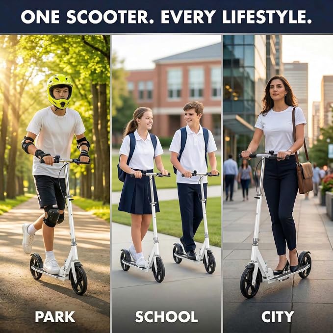 Non-Electric Scooters for Kids 8-12, Teens & Adults - Foldable Commuter Scooter with 8" Wheels, Bell, Hand Brake & Adjustable Height 30"-40.5", 220LB Capacity, Manual Push Scooter for Campus & Park