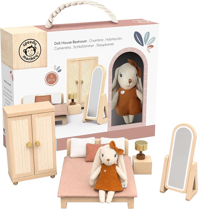 SPEEDY MONKEY Doll House Bedroom Playset – Wooden Playhouse with Bunny Character & Furnitures Set for Kids, Pretend Play Dollhouse and Imaginative Room Décor Storytelling for Toddlers & Preschoolers
