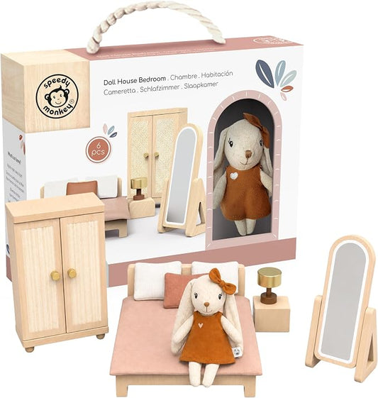 SPEEDY MONKEY Doll House Bedroom Playset – Wooden Playhouse with Bunny Character & Furnitures Set for Kids, Pretend Play Dollhouse and Imaginative Room Décor Storytelling for Toddlers & Preschoolers