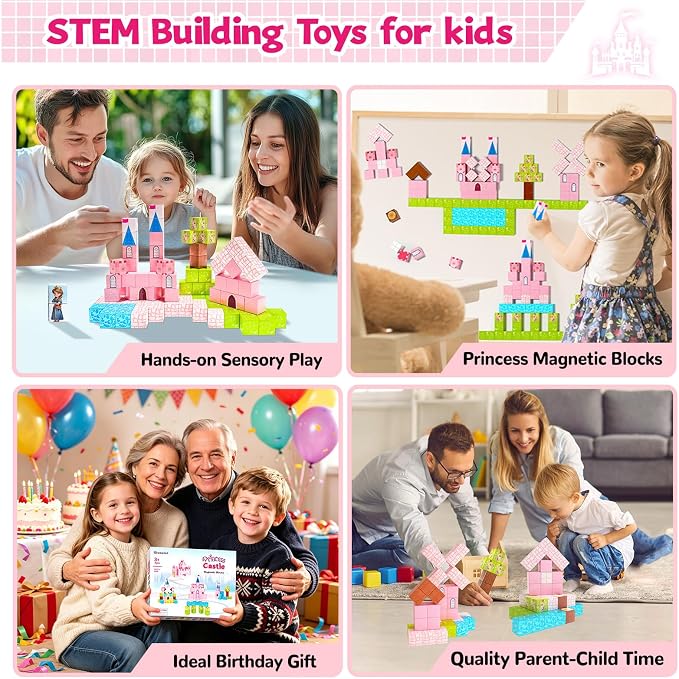 Hiwawind Large Magnetic Blocks 64Pcs (1-Inch), Princess Castle Building Toys, Birthday Gifts for 3 4 5 Year Old Girls, STEM Toddler Travel Toys for Age 3-8