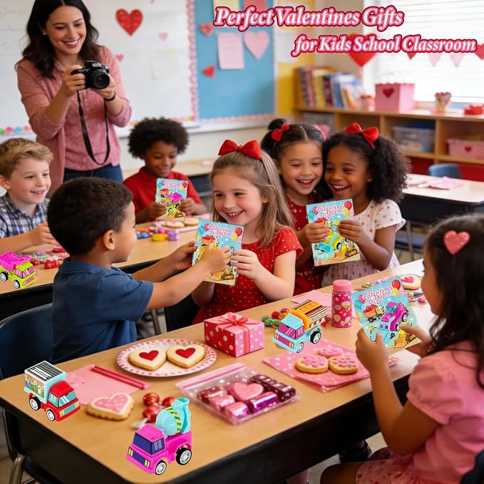 Car Toys for Ages 3-5 Kids - 27PCS Valentine Gifts with Pull Back Cars Truck Vehicles Set for Boys Girls, Construction Toy for Class Party Favors, Potty Training Reward for Kid Classroom
