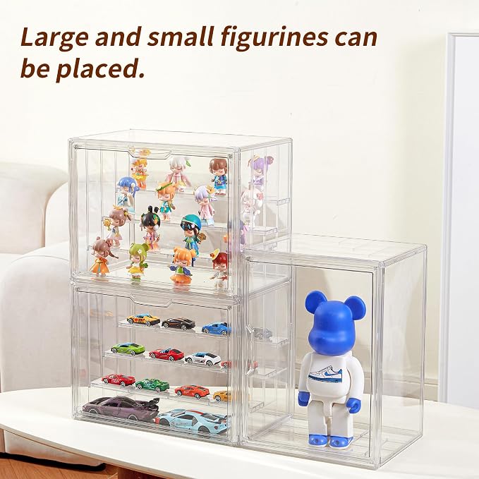 3 Pack Display Case for Collectibles 4 Layer Updated Adjustable Acrylic Display Case with Magnetic Door Clear Stackable Display Box Hobby Display Cases for Figures, Countertop