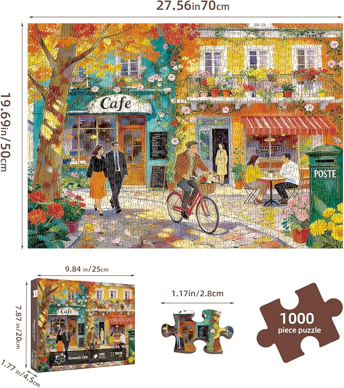 Romantic Cafe Puzzles for Adults 1000 Pieces,Impossible Hard Difficult Challenging Jigsaw Puzzles for Adults 1000 Pieces,Puzzle with Letters on Back,Recycled Paper Jigsaw Puzzle(27.6"x19.7")
