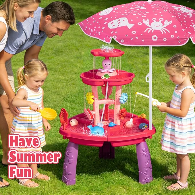 VROGTIK Water Table for Toddlers with Water Pump and Fishing Game Set 3-Tier Kids Sand Water Table with Umbrella Sensory Outdoor Toys for Kids Ages 3-8 Outside Toys Backyard Toddler Girl Toys
