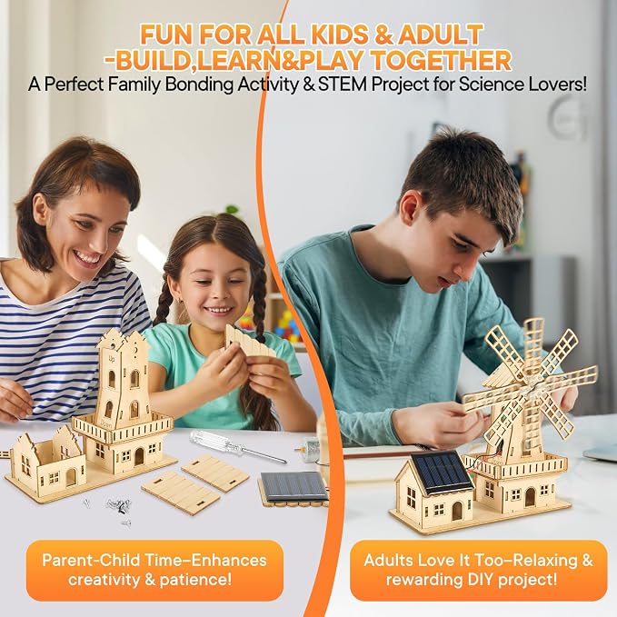 STEM Solar-Powered 3D Wooden Puzzle Kit - DIY Dutch Windmill House Building Toy | Educational Science Craft for Kids 8-15 & Adults | Hands-On Creative Model Project | Adopt Basswood-Safe&Sturdy