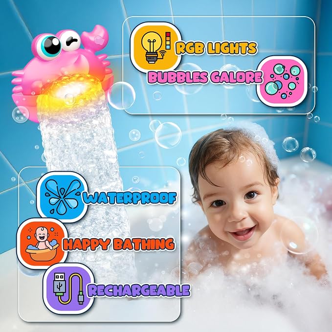 Bath Toys for Kids Ages 1-3,Light Up Baby Bath Toys Crab Bubble Maker with Colourful Light Toddler Bathtub Birthday Gifts Easter Stocking Stuffers for Boys Girls Aged 1-3 2-4 3-5
