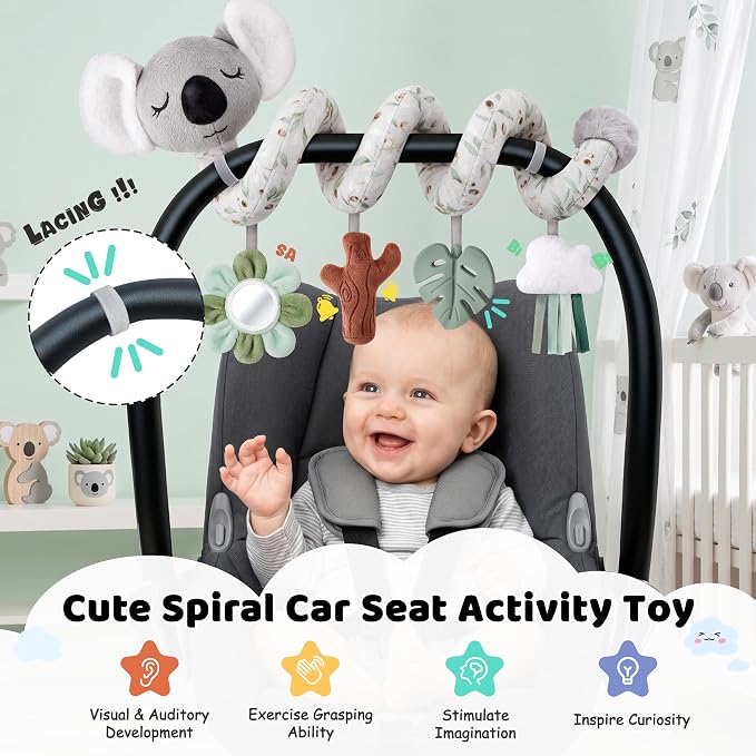Stuffed Aesthetic Koala Spiral Car Seat Toys for Babies, Gender Neutral Infant Stroller Toy with Teether Hanging, Baby Registry Search Must Haves 0-6 Months