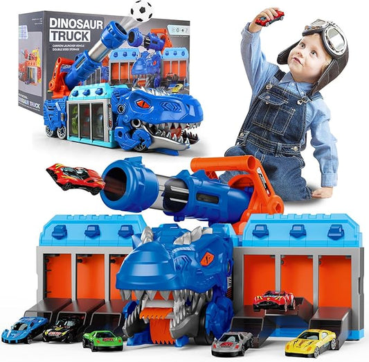 STBEIMEIMY T-Rex Dinosaur Truck, Foldable Storage & Ejection Shooting with 10 Cars Foldable Carrier Stores 10 Cars & 12 Balls, Fun Shooting Game, Sturdy for Active Play, Great for Travel