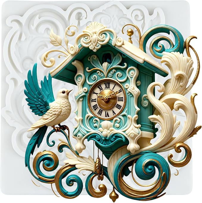 Vintage Clock Polymer Clay Molds Baroque Cuckoo Clock Silicone Mold for Jewelry Making Epoxy Resin Casting Air Dry Polymer Clay Craft