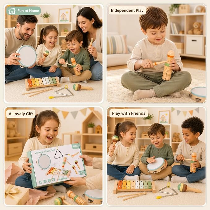 Wooden Musical Instruments Set for Toddlers 3+, Montessori Music Toys with Xylophone, Maracas & Tambourine, Soft Sound Indoor Percussion Toys, Early Learning Gift for Boys Girls