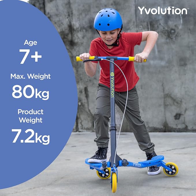 Yvolution Fliker A3 Drift Scooter, 3 Wheels Kids Wiggle Scooter, Foldable, Handbrake, Caster Wheels, for Boys and Girls Aged 7+ Years Old, Max Weight 175lbs