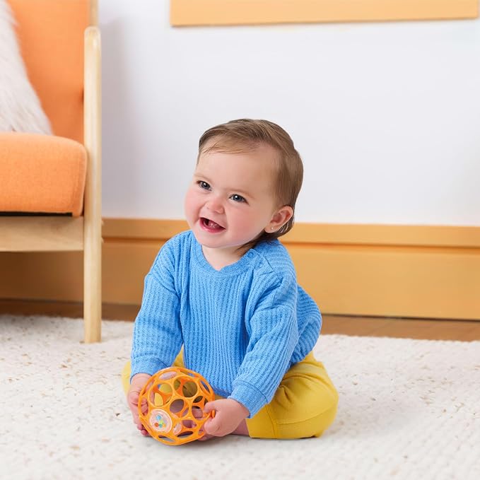 Bright Starts Oball Rattle Ball, Easy-Grasp Infant Rattle with Finger Holes, Orange, 0-36 Months