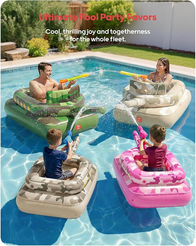 QPAU Inflatable Tank Pool Float for Adults & Kids – Ride-On Camouflage Floaty with Water Cannon, Swim Raft Toy for Boys Girls, Lake Beach Backyard Party Floaties