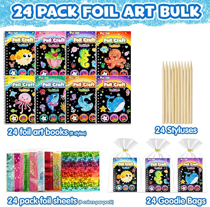 FUNNYB&G Foil Art Party Favors for Kids - 24 Pack Foil Art Crafts Kits Coloring Books, Goodie Bag Stuffers Party Favors for Kids 4-8 8-12, Bulk Birthday Classroom Prizes Girls Boys Gifts (Ocean)