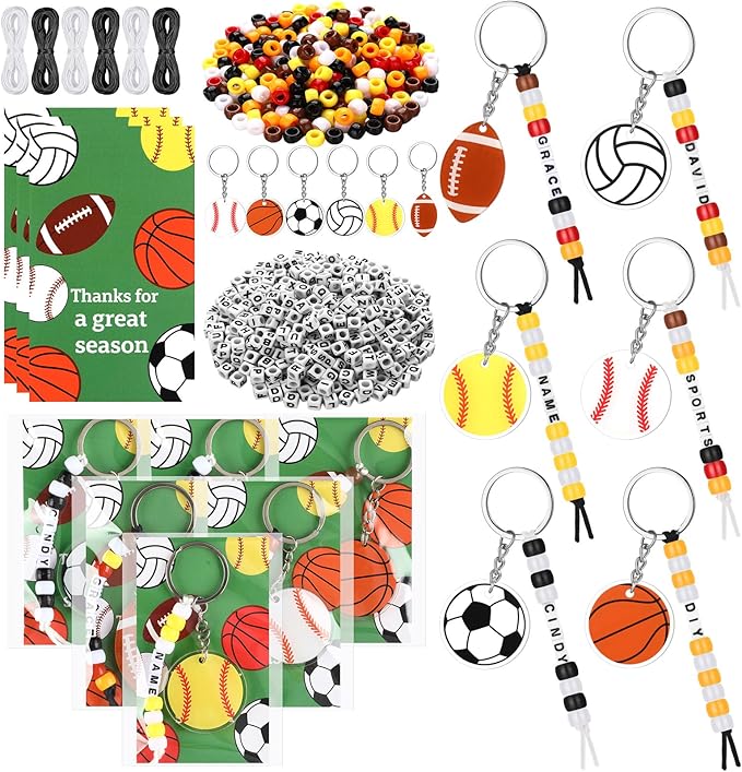 Suncalla 984 Pcs 24 Set Sport Keychain Making Kit DIY Basketball Football Soccer Volleyball Baseball Bead Keychain Crafts Adjustable Letter Beads Card Strings Kit Sport Party Favor Gift Accessories