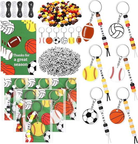 Suncalla 984 Pcs 24 Set Sport Keychain Making Kit DIY Basketball Football Soccer Volleyball Baseball Bead Keychain Crafts Adjustable Letter Beads Card Strings Kit Sport Party Favor Gift Accessories